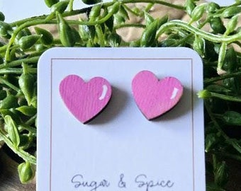Hand-Painted Pink Heart Wood Stud Earrings, Valentine's Day Gift