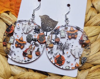 Spooky Retro Halloween Acrylic Dangle Earrings, Witch Ghost Costume Jewelry