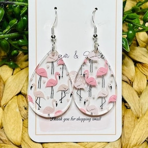 Fun Pink Flamingo Earrings, Teardop earrings, Cute pattern, Dangle earrings, Lightweight, gift for her, Florida gift, Beach