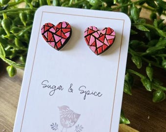 Heart Wood Stud Earrings, Pink and Red Valentine's Day Gift