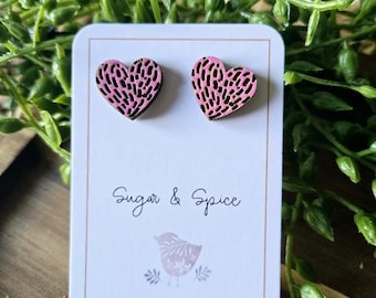 Handmade Pink Heart Wood Stud Earrings, Hypoallergenic