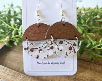 Fall Wood Earrings, Cotton Print, Boho Dangle Earrings