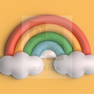 Puede incluir: Un arcoíris con rayas rojas, naranjas, amarillas, verdes, azules y moradas. El arcoíris está hecho de un material suave y esponjoso y tiene nubes blancas a cada lado. El fondo es de color amarillo sólido.