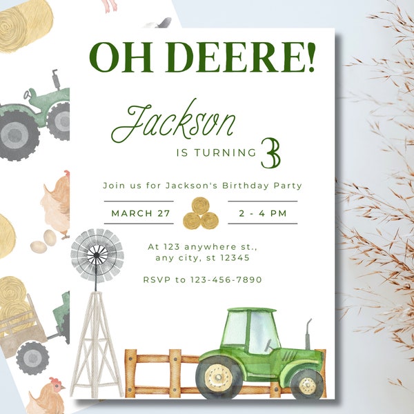 Deere Tractor Party Farm Themed First Birthday Invitation Vintage Green Tractor Birthday Party Invitation Rustic Farm Birthday Invite
