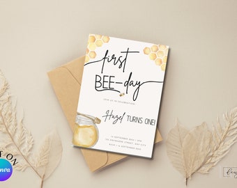 Erster BIENEN-Tag, Geburtstagseinladung mit Bienen und Bienenwaben, erste Geburtstagsparty, druckbare digital bearbeitbare Canva-Vorlage