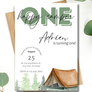 Printable & Digital Editable Invitation, ONE Happy Camper First Birthday, First Birthday Party Turning One, Instant Download, Camping Party