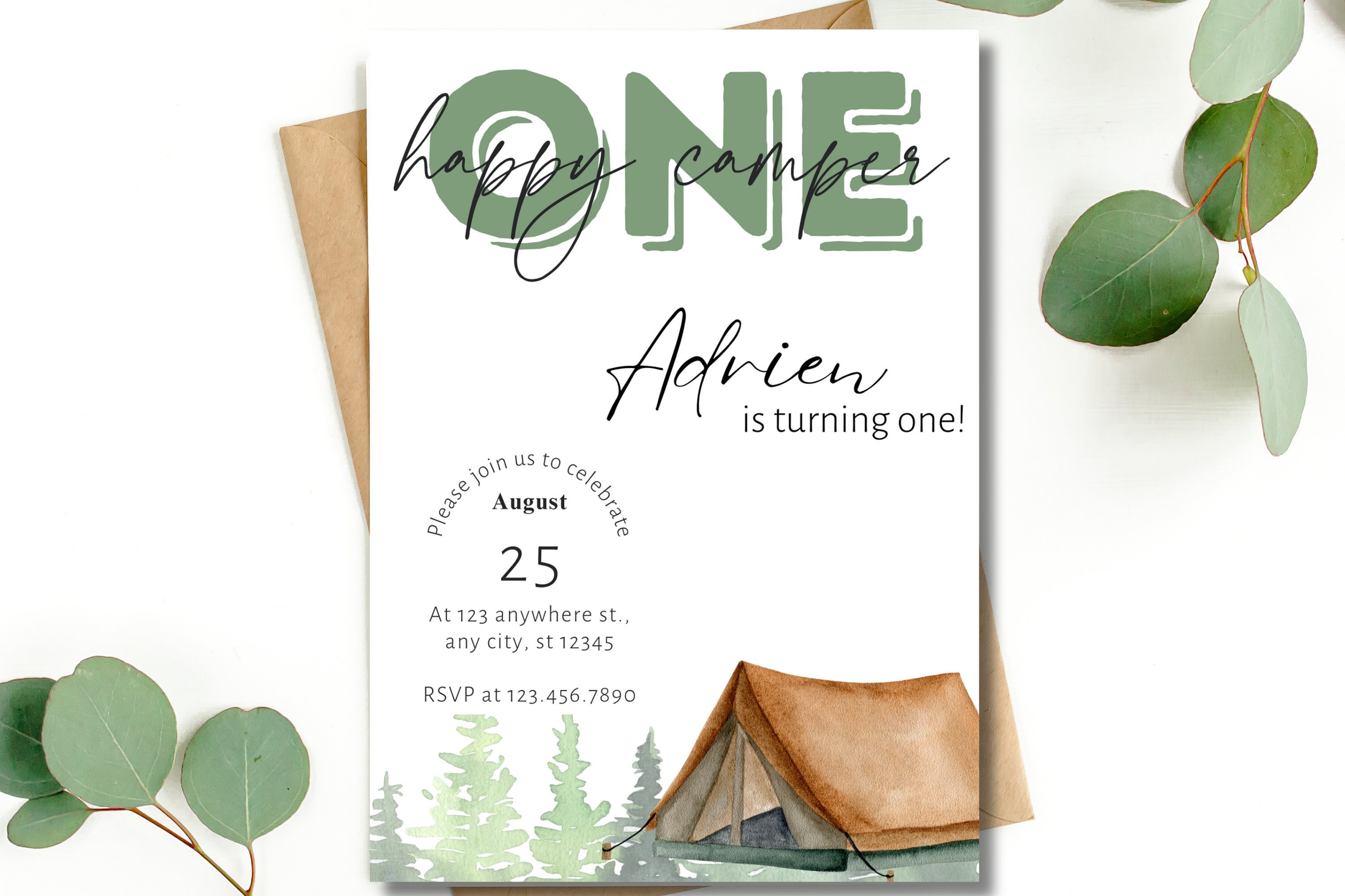 Printable &amp; Digital Editable Invitation, ONE Happy Camper First ...