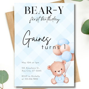 First Birthday Teddy Bear Party Invitation Bear-y First Birthday Invite 1st Birthday Party Printable Editable Canva Template