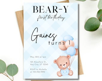 May include: A blue and white checkered invitation card with the text "BEAR-Y first birthday Gaines turns 1". The card also includes a cartoon illustration of a brown teddy bear holding blue and pink balloons. The text "May 10th at 1pm 123 Anywhere St., Any City, ST 12345 RSVP to Michelle at 123.456.7890" is printed on the bottom of the card.