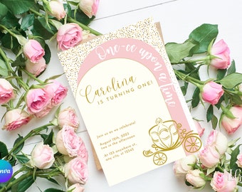 May include: A pink and gold printable invitation with a gold carriage and the text "One-ce upon a time Carolina is turning one!"  Join us as we celebrate! August 12th, 2023 two in the afternoon At 123 anywhere st. any city, st 12343