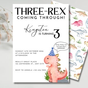 Three Rex Dinosaur Birthday Invitation Dino Birthday Party 3rd Birthday Party Decor Three-Rex Invite Dinosaur Girl Birthday Invitation