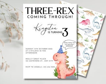 Three Rex Dinosaur Birthday Invitation Dino Birthday Party 3rd Birthday Party Decor Three-Rex Invite Dinosaur Girl Birthday Invitation