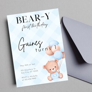 Beary First Birthday Teddy Bear Themed Birthday Party Invitation  Bear-y 1st Birthday Theme Decor Printable Editable Canva Template