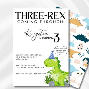Minimalistische dinosaurus verjaardagsuitnodiging drie Rex dinosaurus uitnodiging 3e verjaardag partij decor drie-Rex groene dinosaurus jongen uitnodiging voor feest