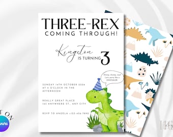 Minimalist Dinosaur Birthday Invitation Three Rex Dinosaur Invitation 3rd Birthday Party Decor Three-Rex Green Dinosaur Boy Party Invitation
