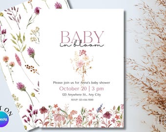 Puede incluir: Una invitación a un baby shower con un diseño floral. La invitación dice "BABY in bloom". La fecha y hora del baby shower son el 20 de octubre a las 3 pm. La dirección es 123 Anywhere St, Any City. El número de RSVP es 123-456-7890.