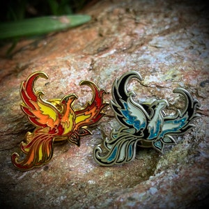 Set of 2 Fiery Phoenix Metal Enamel Lapel Pins