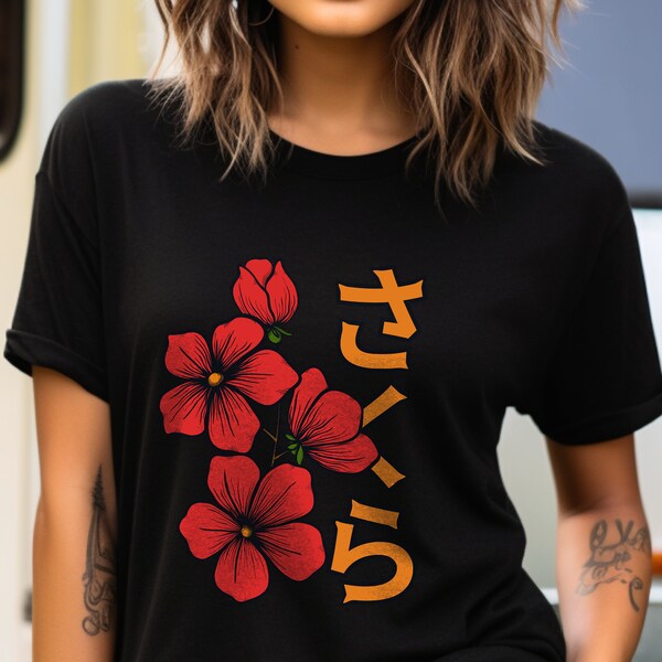 Japanese style t-shirt with Japanese Letters and red Sakura Flower print.  | Anime T-shirt