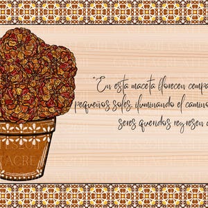 May include: Illustration of a terracotta flower pot filled with orange and red marigold flowers. The pot has a white floral design. The image includes text in Spanish.