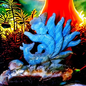 One of a kind Peruvian Amazonite nine tailed fox. Uniquely carved kitsune.