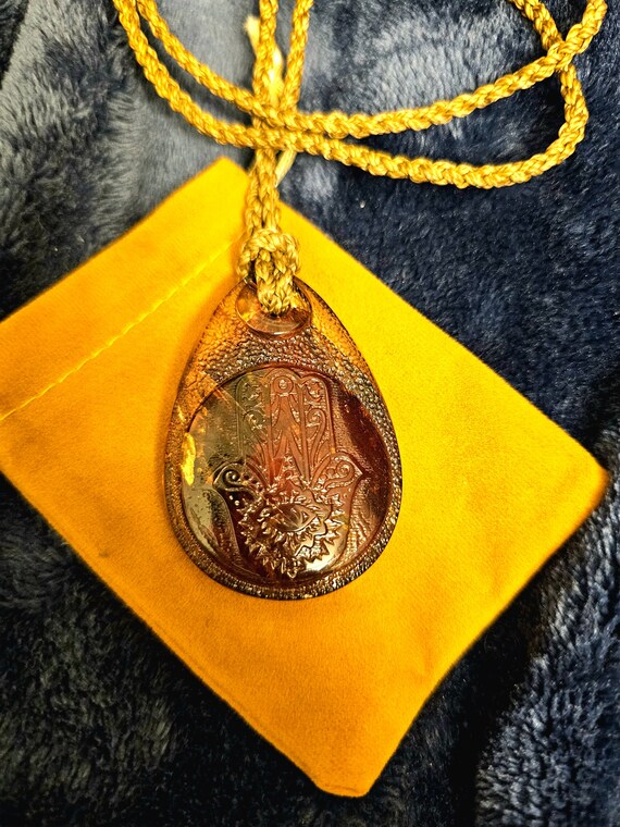 Baltic Amber teardrop shaped carving with Hamsa. … - image 2