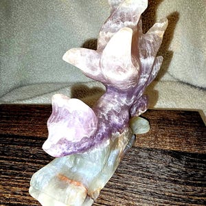 Hand Carved Nine Tailed Fox Sculpture: Mexican Crazy Lace Agate & Amethyst