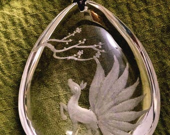 Hand Etched Golden Healer Quartz Pendant: Nine Tailed Fox Kitsune