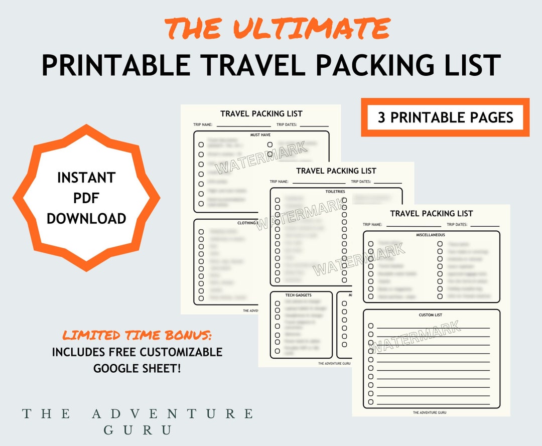 Travel Packing List Printable - Instant Download, Vacation Planning, Packing Checklist, Travel ...