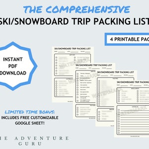 Ski Snowboard Trip Packing List Printable - Instant Download, Vacation Planning, Snow Trip Packing Checklist, Travel Packing List