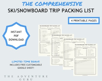 Ski Snowboard Trip Packing List Printable - Instant Download, Vacation Planning, Snow Trip Packing Checklist, Travel Packing List