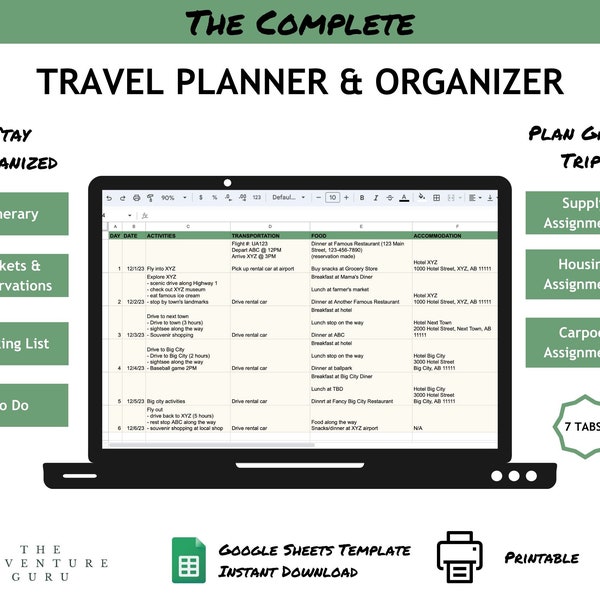 Travel Planner | Itinerary Activity Planner Template | Vacation Packing List | Group Trip Planner | Google Spreadsheet | Digital Template