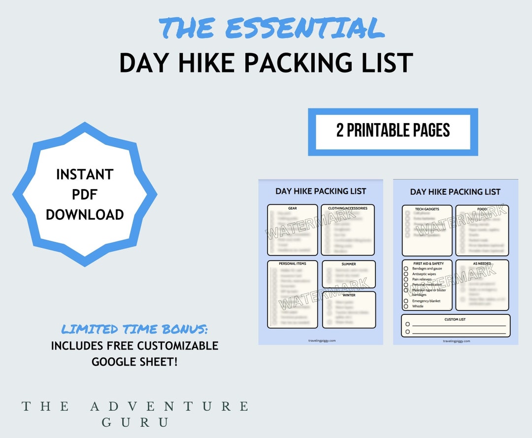 Day Hike Packing List Printable Instant Download, Hiking, Packing