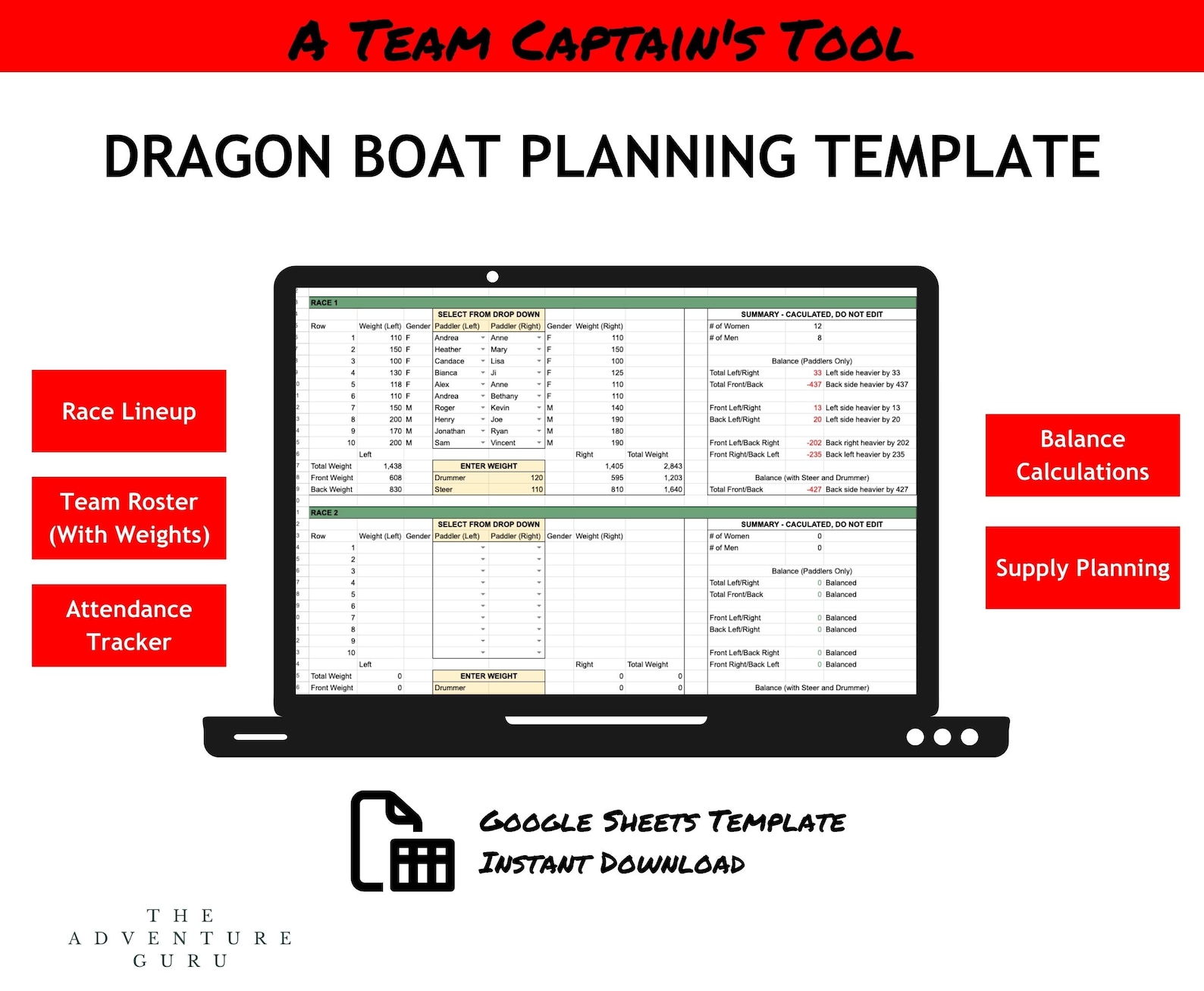 Dragon Boat Race Lineup Seating Roster Planning Template | Team Captain ...