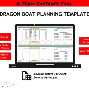 Könnte beinhalten: Eine rote und weiße Grafik mit dem Text "A Team Captain's Tool" und "Dragon Boat Planning Template". Auf einem Laptop-Bildschirm ist eine Google Sheets-Tabelle mit dem Titel "Race 1" und "Race 2" zu sehen. Die Tabelle dient zur Verfolgung der Team-Liste, der Gewichte und der Anwesenheit. Die Tabelle enthält auch einen Abschnitt für Gleichgewichtsberechnungen und die Planung der Versorgung.