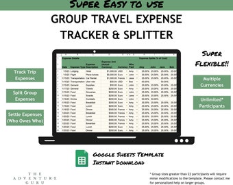 Group Travel Expense Tracker Splitter | Google Template | Instant Download | Vacation Spreadsheet | Expense Spreadsheet