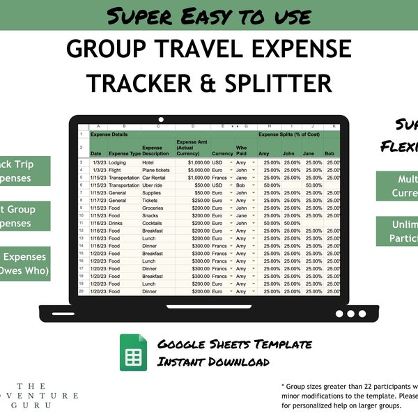 Group Travel Expense Tracker Splitter | Google Template | Instant Download | Vacation Spreadsheet | Expense Spreadsheet
