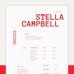 Könnte beinhalten: Rechnung für Stella Campbell vom 10. Juni 2026 für Dienstleistungen wie Logo-Design, Verpackung, Markenfarbe, Palette, Social Media und Grafiken. Der Gesamtbetrag beträgt 1.476 €.