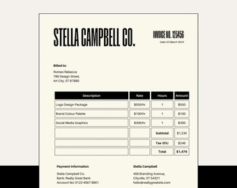 May include: Black and white invoice for Stella Campbell Co. with the invoice number 123456 and date 03 March 2024. The invoice is for logo design, brand color palette, and social media graphics. The total amount is $1,476.