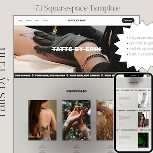 May include: A website template for tattoo artists, featuring a black and white design with the text "Tatts by Erin" and a portfolio section. The template is fully customizable, requires no code, is mobile optimized, and includes built-in analytics.