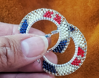 Red white and blue  beaded Hoop Earrings