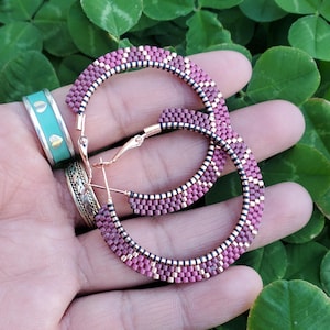 Purple large beaded Hoop Earrings
