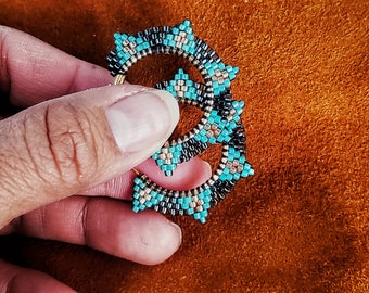 Beaded Turquoise and Black, Flower inspired Hoop Earrings