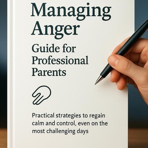 May include: A white book with the title "Managing Anger: Guide for Professional Parents" and a hand icon. The text below the title reads "Practical strategies to regain calm and control, even on the most challenging days."