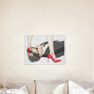 May include: A framed illustration of a man lying on his back with a woman's red high heels on his chest. The man is wearing a black suit and has a cigarette in his mouth.