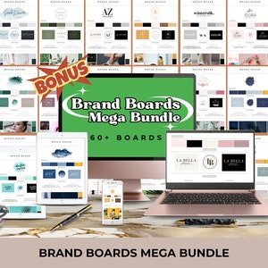 Op de afbeelding: Een digitale productbundel van 60+ merkboards voor bedrijven. De afbeelding toont een computerscherm met de tekst "Brand Boards Mega Bundle" op een groene achtergrond. Het scherm is omringd door verschillende merkboards, waaronder logo's, kleurenpaletten en lettertypen. De tekst "BONUS" wordt weergegeven in een rode stervormige uitbarsting.