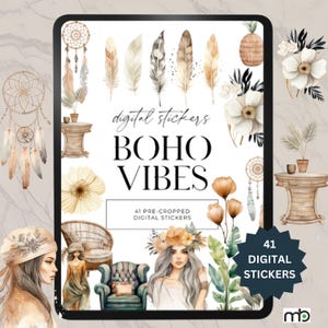 May include: Digital stickers with a boho theme. The image features illustrations of feathers, flowers, dream catchers, and women. Text includes "digital stickers", "Boho Vibes", and "41 pre-cropped digital stickers".