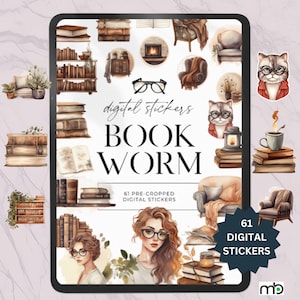 May include: A digital sticker set with 61 pre-cropped images featuring a bookworm theme. The stickers include illustrations of books, glasses, coffee cups, cats, and a woman reading. The text "digital stickers BOOK WORM" is featured in the center of the image.