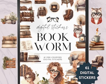 Bookworm Digital Stickers, Book Themed Digital Stickers, Book Stickers, Library Stickers, Reading themed stickers, Planner Stickers, png