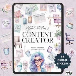 Pode incluir: Um conjunto de 55 adesivos digitais com ilustrações de um espaço de trabalho de um criador de conteúdo, incluindo um laptop, um microfone, uma xícara de café, uma planta e uma cadeira. Os adesivos são pré-cortados e prontos para usar em planejadores digitais, diários e outros projetos digitais.