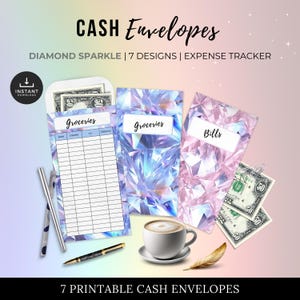 May include: Seven printable cash envelopes featuring a diamond sparkle design. The envelopes are labelled "Groceries" and "Bills".